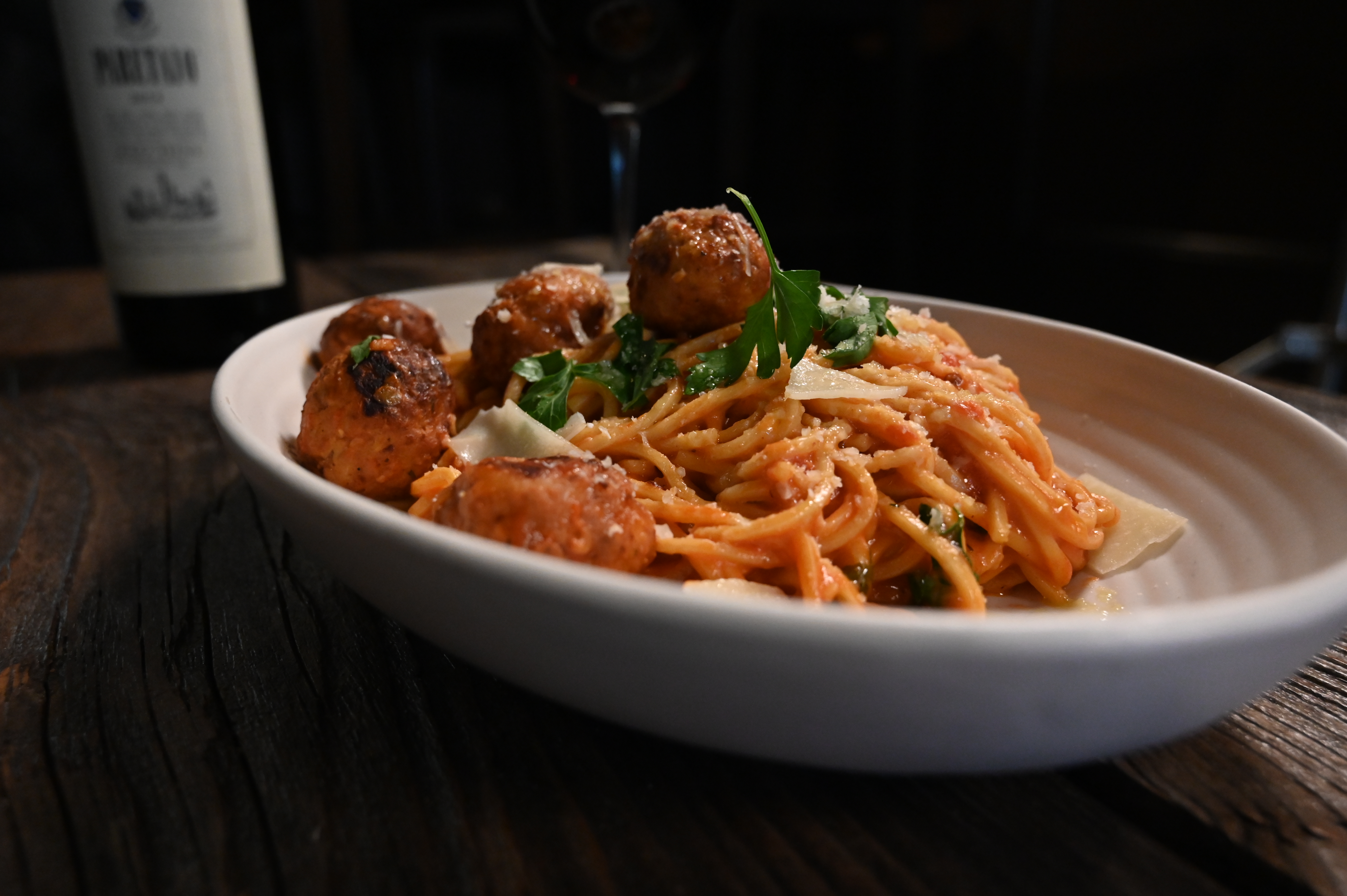 This is a photo of Posto Italian's pasta with meatballs
